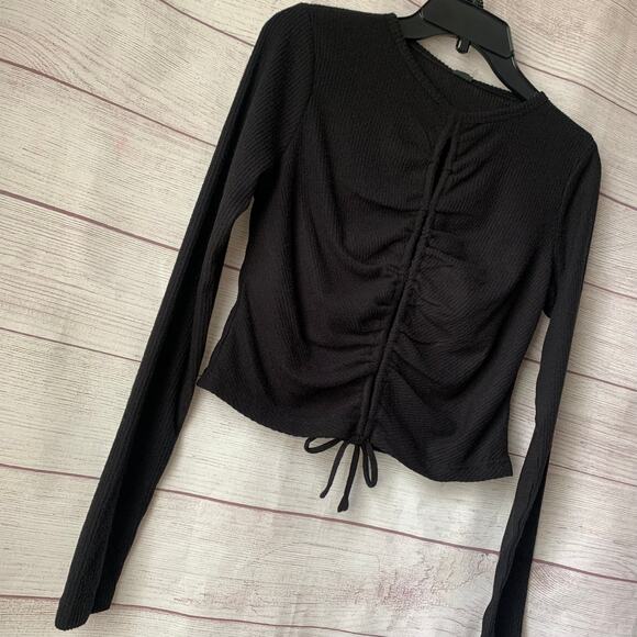 Wild Fable Black Crop Top Shirt with Keyhole Front Tie String Long Sleeves Small - Picture 4 of 12